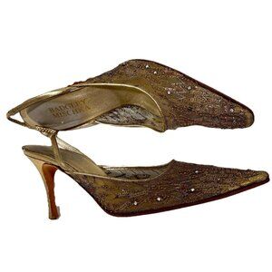 Badgley Mischka Gold Lace Slingback Heels 36 (5.5) Elegant Evening Shoes (as Is)